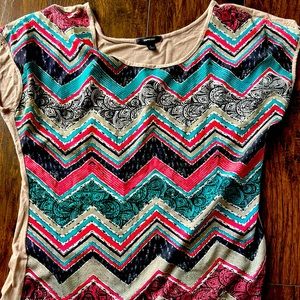 “Espresso” woman’s Large tan, aqua, black, white and dark pink print shirt